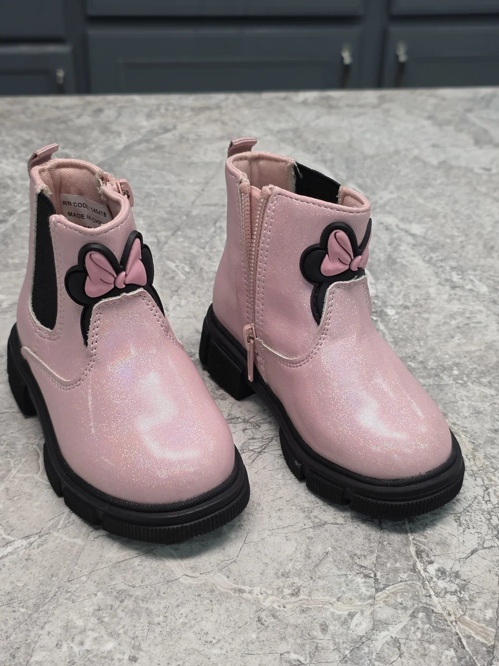 Girls Disney Pink Glitter Ankle Boots with Minnie Bow Accent